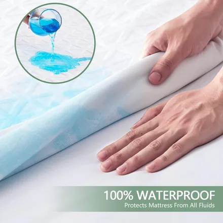 Liquid beading on the GOPOONY Premium protector while the mattress below stays dry